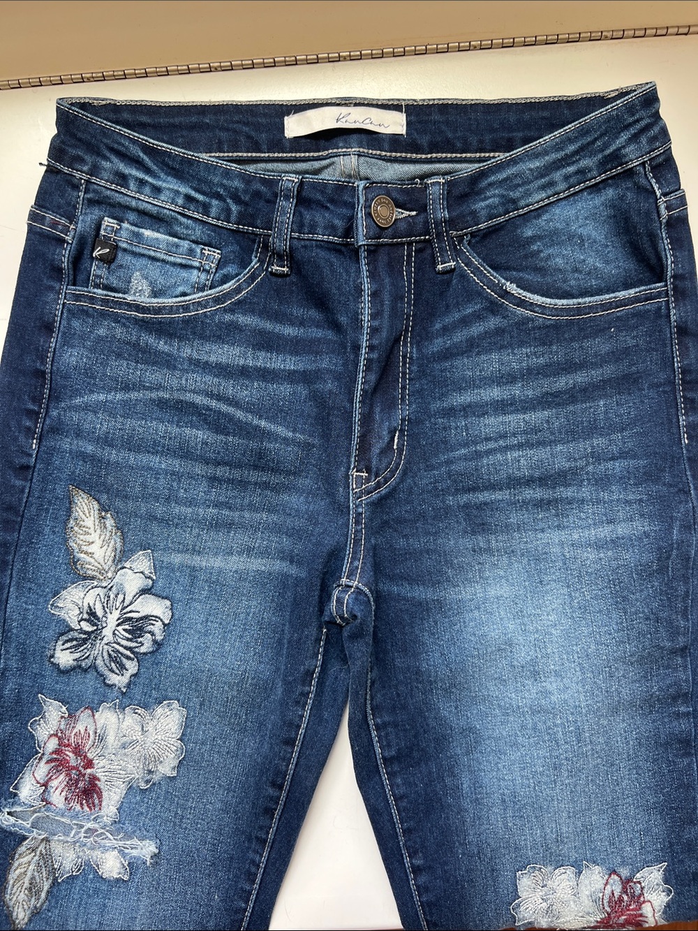 KanCan Blue Straight Leg Jeans with Floral Embroidery